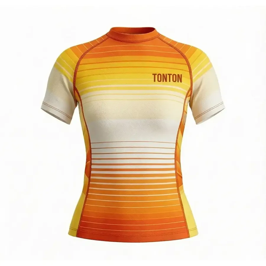 Tonton Sunset Orange cu dungi în degradare – Tricou de protecție pentru femei (Rash Guard) pentru antrenamente de înaltă performanță și compresie maximă