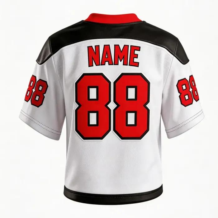 tonton white custom lacrosse game jersey back view with black shoulders and red number 88 performance uniform