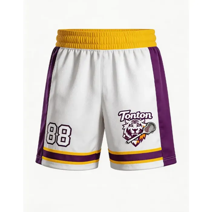 tonton white purple and yellow custom lacrosse game shorts with tiger mascot logo athletic gear