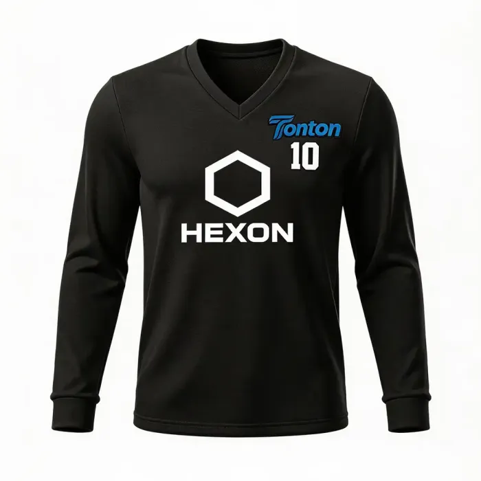 tonton black custom lacrosse shooting shirt front view with HEXON text and hexagon logo team apparel
