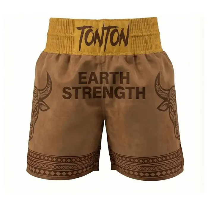 tonton brown custom boxing shorts front view with Earth Strength text and bull horns fightwear