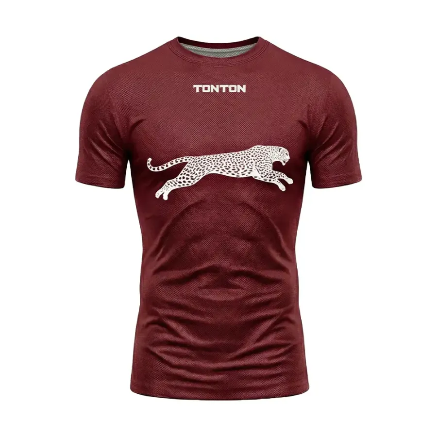 TONTON Maroon „Leaping Cheetah“ Wrestling-Rashguard – Kompressions-T-Shirt mit verstärkter 4-Nadel-6-Faden-Naht