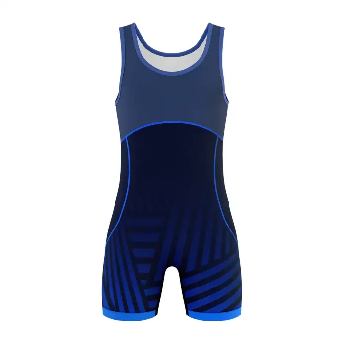tonton navy blue custom wrestling singlet front view with subtle geometric chevron patterns team uniform
