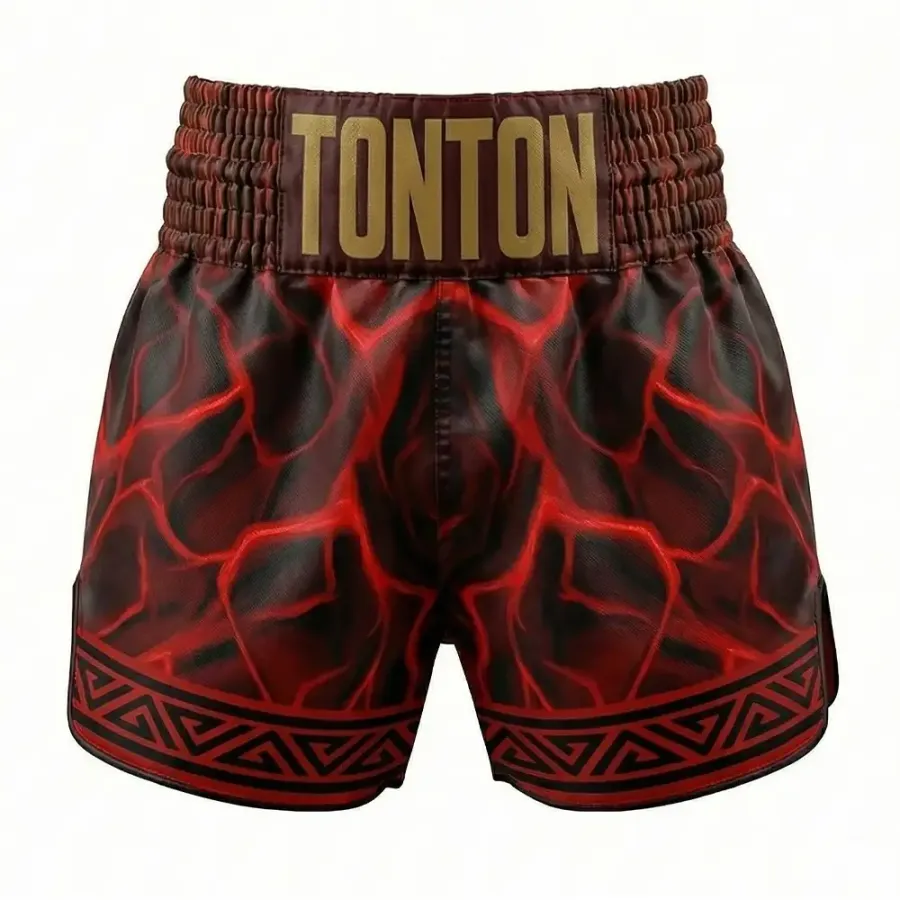 Shorts Muay Thai Tonton Red Lava cu desen tip „crack” – echipament tradițional cu centură elastică groasă