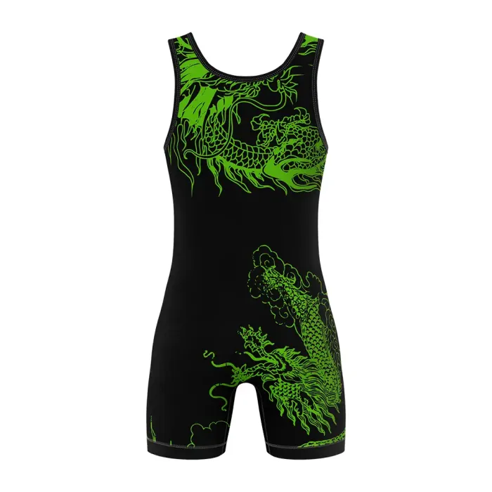 tonton black custom wrestling singlet back view with green dragon design team competition uniform