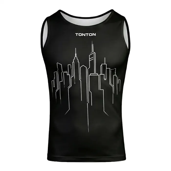tonton black custom wrestling base layers front view featuring city skyline graphic tight-fitting vest