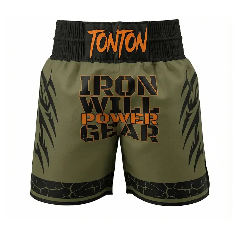Tonton Iron Will Olive – Boxeri pentru box, cu grafică Power Gear și cusături consolidate pentru antrenament