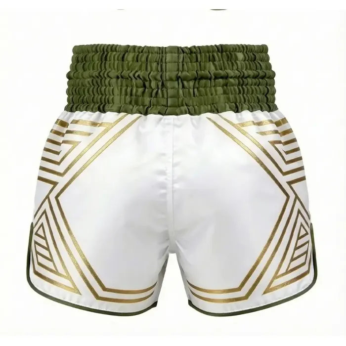 tonton white custom kickboxing shorts back view featuring gold geometric pattern sportswear