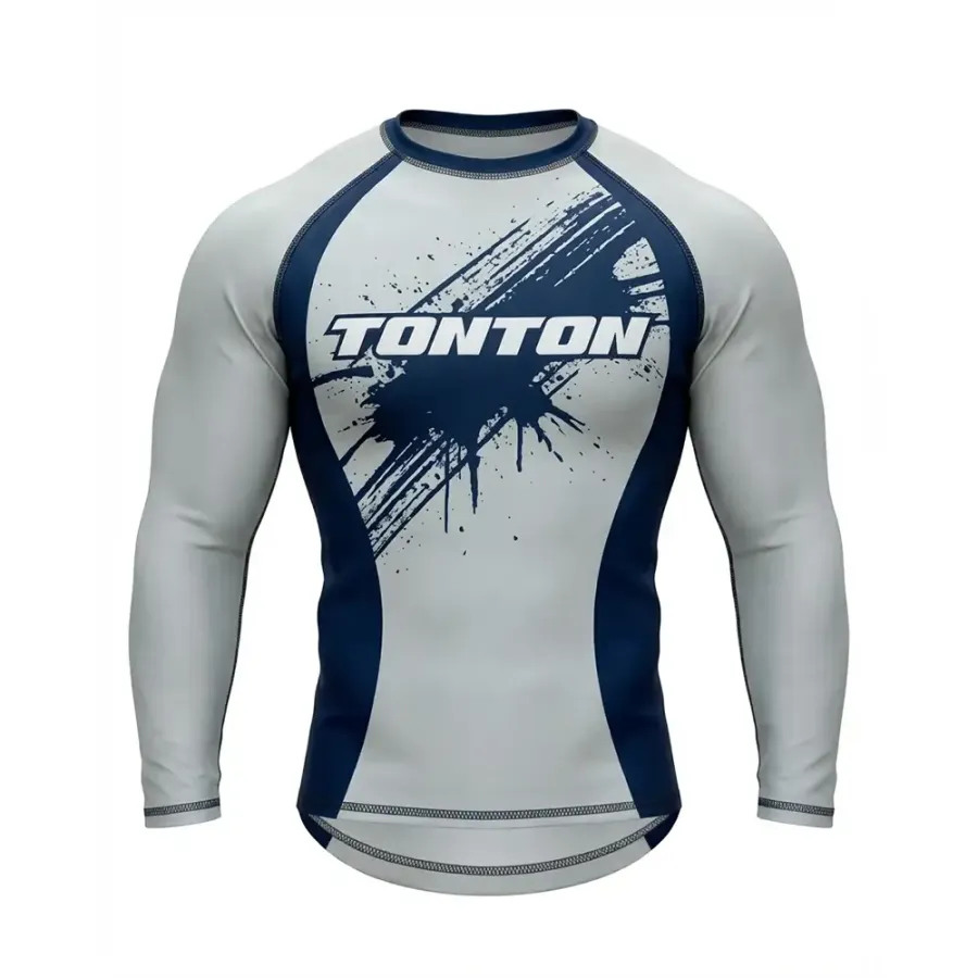 TONTON Kunstvolles Blue-Ink-Splatter-Wrestling-Rashguard – Hochleistungs-Grundschicht mit verstärkter 6-Faden-Naht
