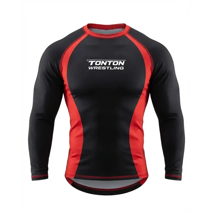 TONTON Minimalist Black & Red Wrestling-Kompressions-Shirt – Schutzschicht gegen Matte-Abrieb