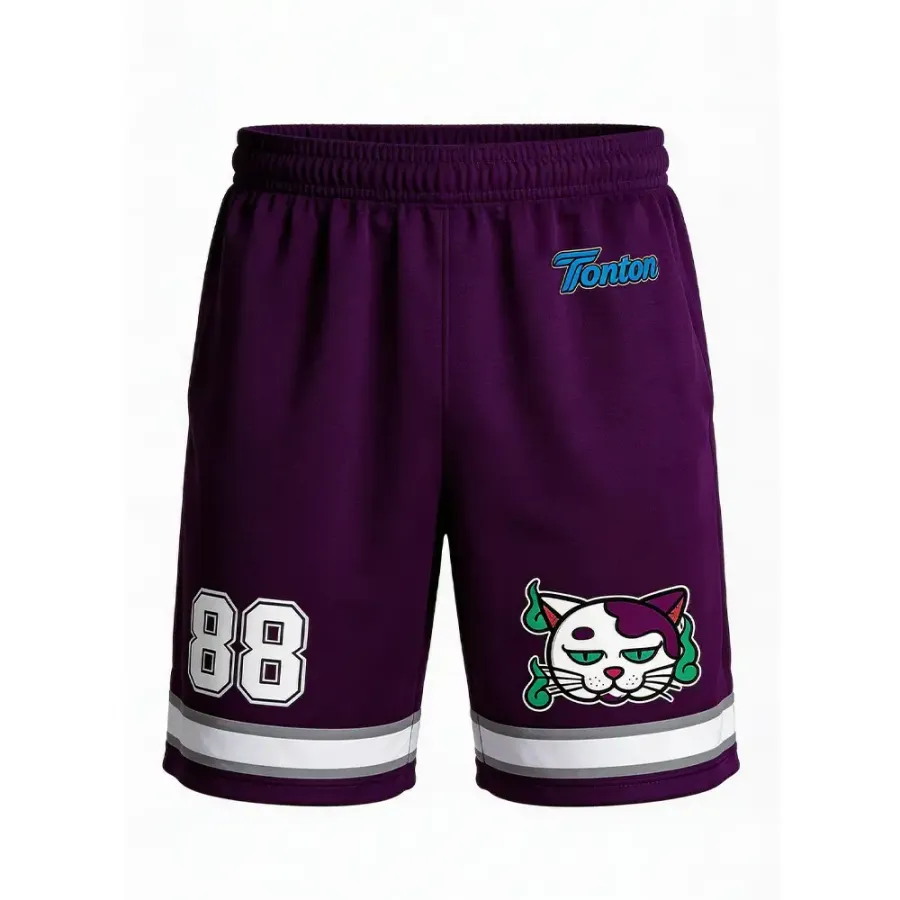 Shorts pentru joc de lacrosse Tonton Deep Purple Cat Mascot – Shorts pentru joc cu bordură ondulată și sublimare integrală