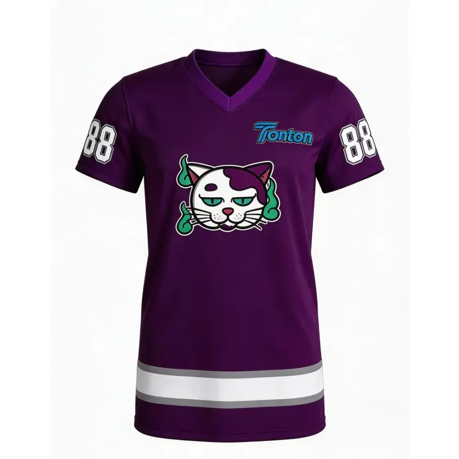 Tricou de joc lacrosse Tonton cu mascota pisicii în nuanța violet intens – Tricou de joc cu imprimare integrală și bordură ondulată