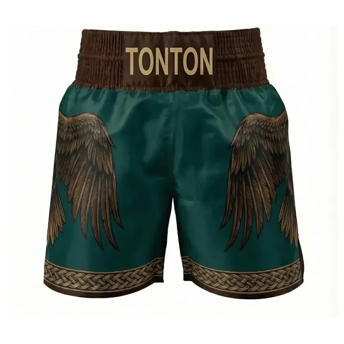 tonton dark green custom boxing shorts front view with large eagle wings graphic fightwear