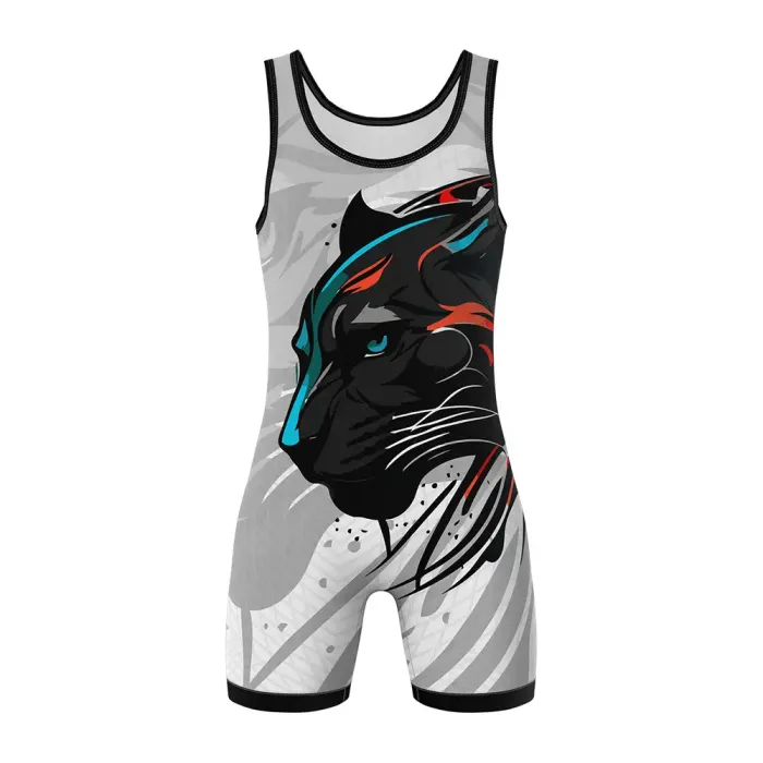 tonton white and grey custom wrestling singlet front view featuring black panther graphic competition wear