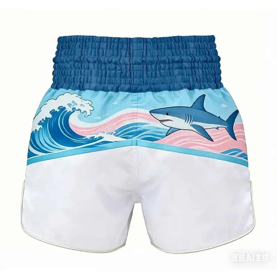 Tonton Great White Shark Ocean – Shorts Muay Thai cu deschidere extra-largă la picior pentru lovituri fără restricții