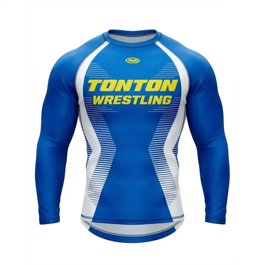 TONTON Royalblau-Weißes athletisches Wrestling-Kompressions-T-Shirt – Hochleistungs-Schutz vor Mattenverbrennungen