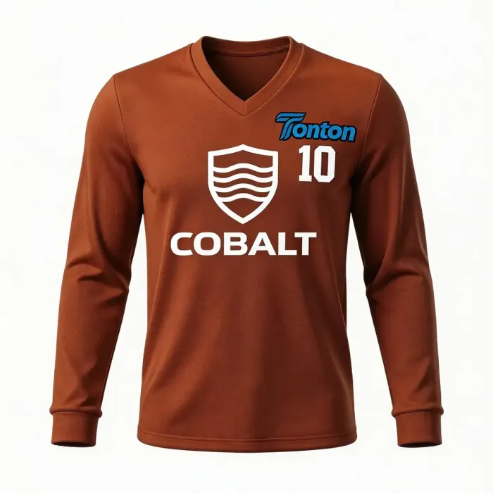 tonton brown custom lacrosse shooting shirt front view with COBALT text and shield logo athletic wear