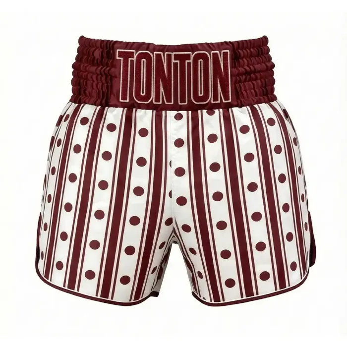tonton maroon and white polka dot custom Muay Thai shorts front view fightwear