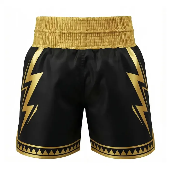 tonton black custom boxing shorts back view featuring gold lightning graphics athletic gear