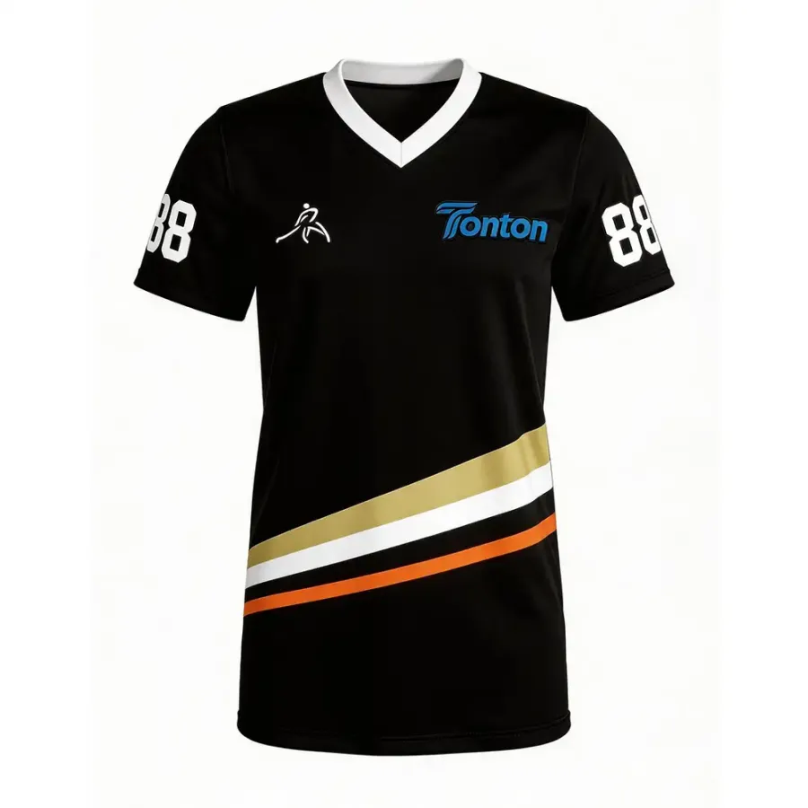 Tricou de lacrosse TONTON negru cu dungi portocaliu și alb – Tricou profesional de înaltă performanță, care absoarbe și elimina umiditatea