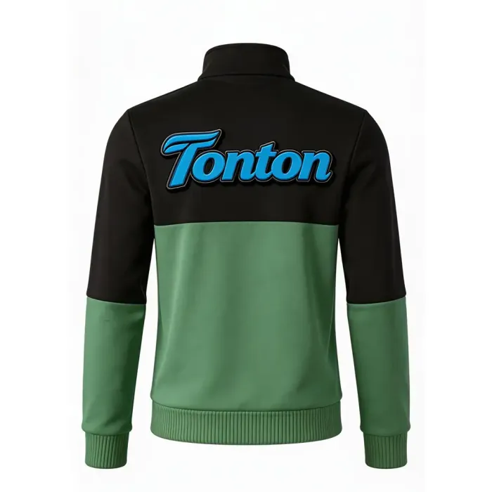 tonton black and green custom lacrosse warm-up jacket back view premium athletic gear