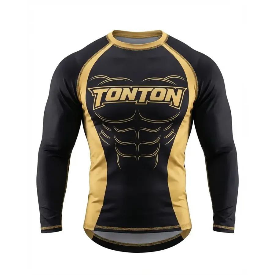 TONTON Black & Gold Muscle Graphic Wrestling-Rashguard – atmungsaktives Performance-T-Shirt mit 4-Wege-Stretch