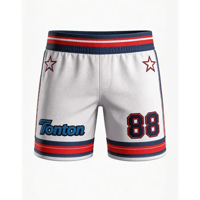 tonton white custom lacrosse game shorts featuring navy blue and red star logo classic sportswear