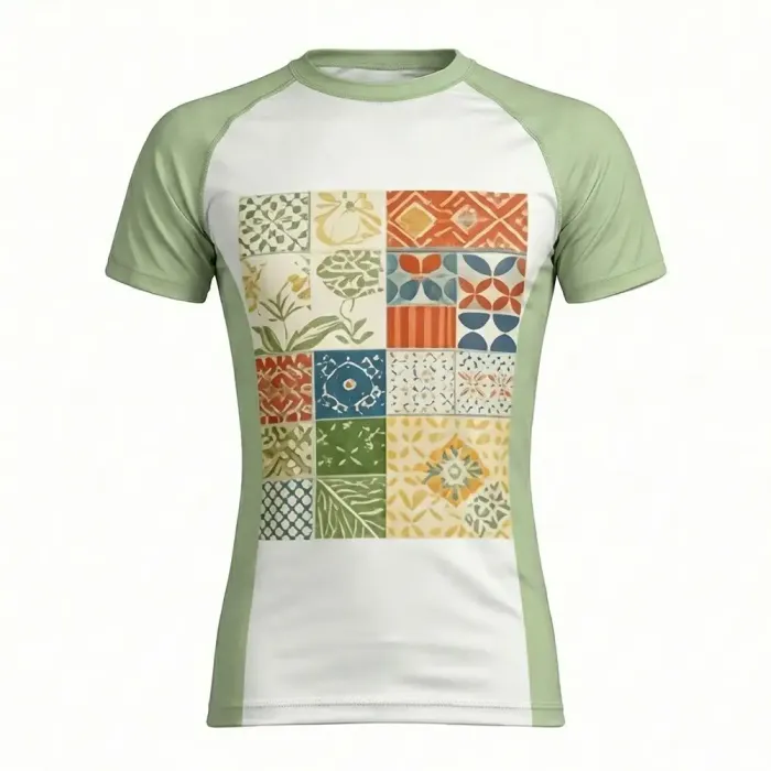 tonton light green and white custom rash guards front view with vintage tile patchwork pattern fightwear