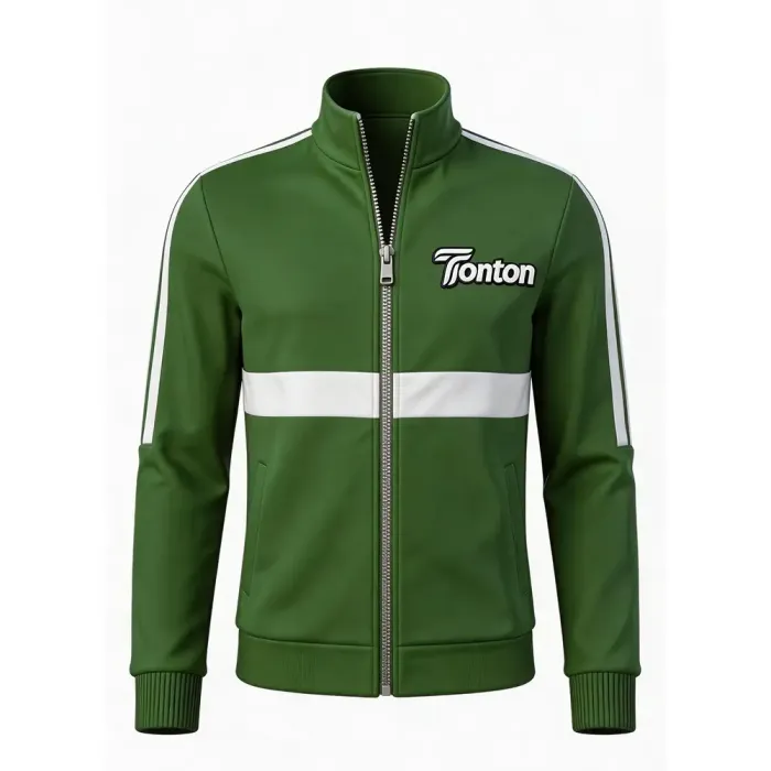tonton green custom lacrosse warm-up jacket front view with white horizontal stripe athletic apparel