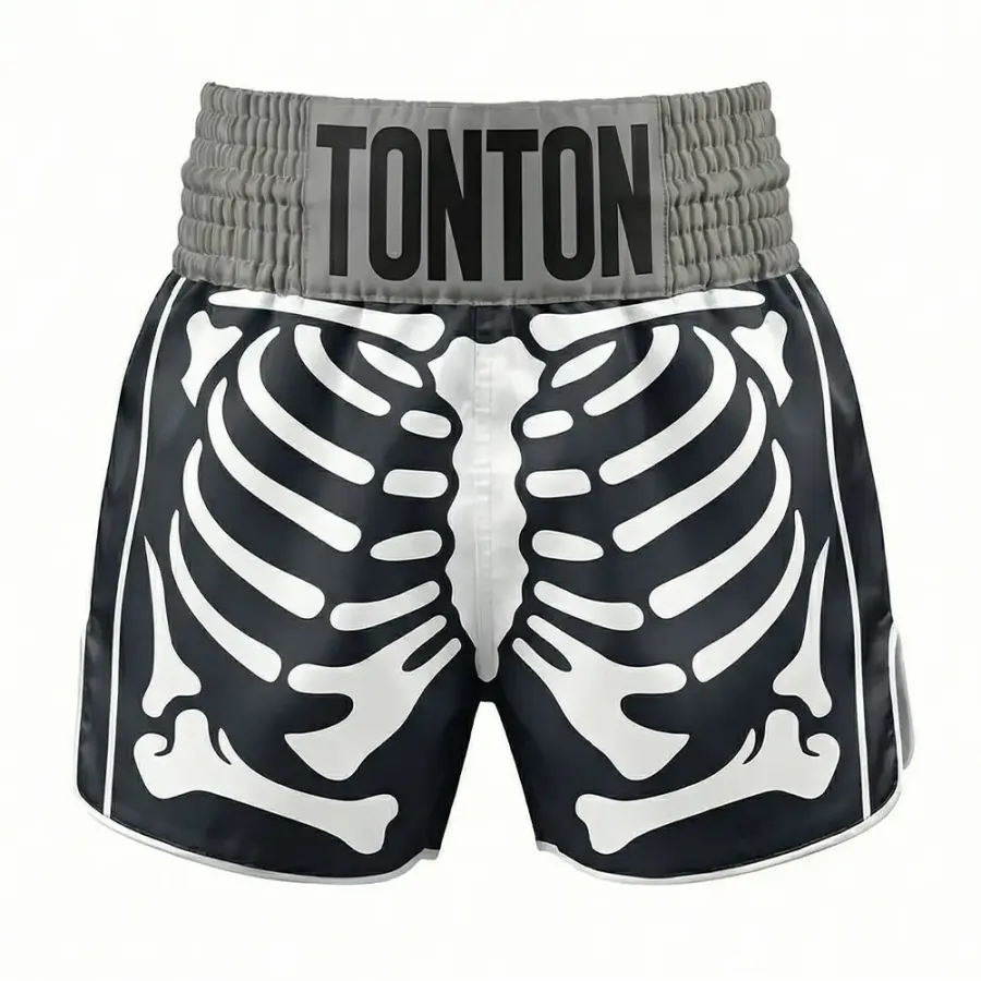 Shorts Muay Thai Tonton cu grafică de schelet și coaste – Model retro din satin, echipament pentru kickboxing