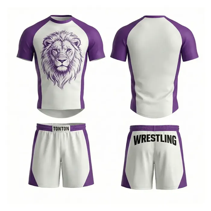 tonton purple and white custom wrestling two-piece uniform front view with lion graphic sportswear