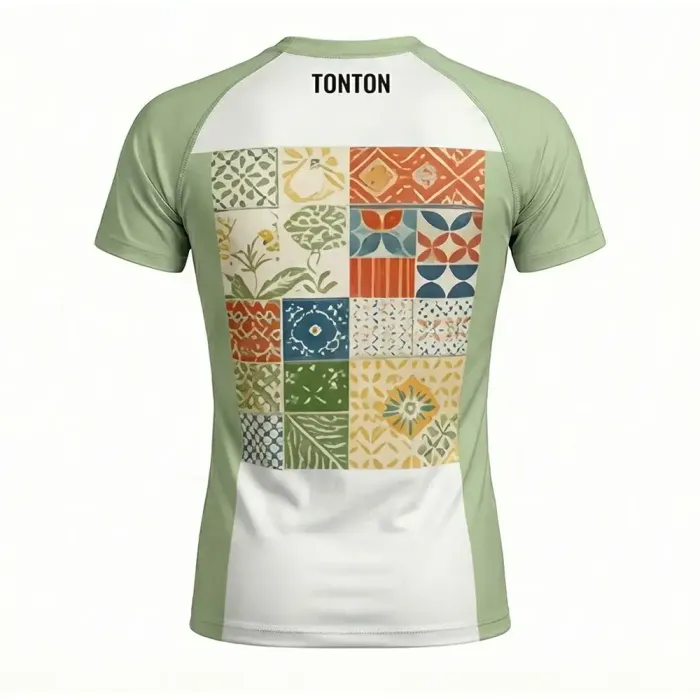tonton custom rash guards back view with geometric tile patchwork design athletic fightwear