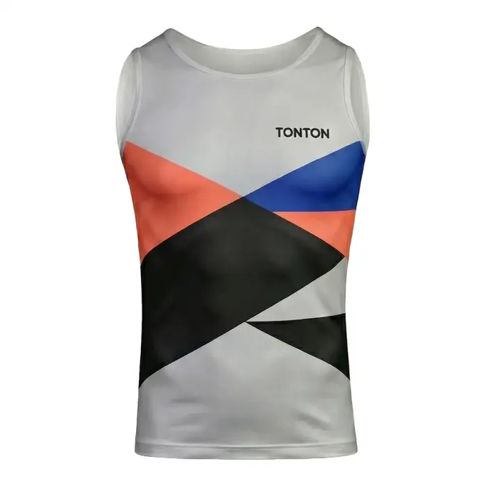 tonton white custom wrestling base layers front view with black blue and coral geometric triangles tight-fitting vest