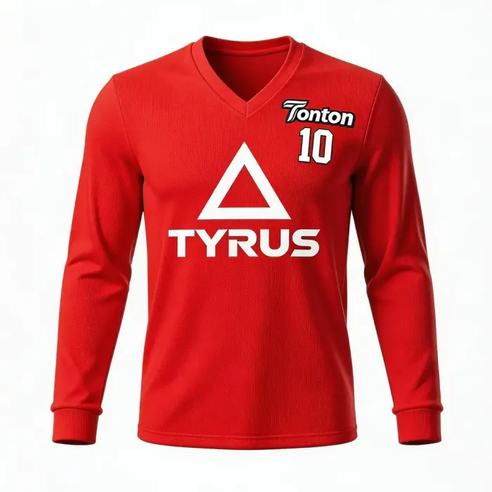 tonton red custom lacrosse shooting shirt front view with TYRUS text and triangle logo sportswear
