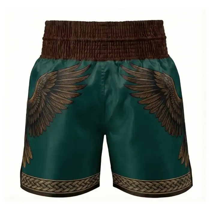 tonton dark green custom boxing shorts back view featuring detailed feather wings athletic apparel