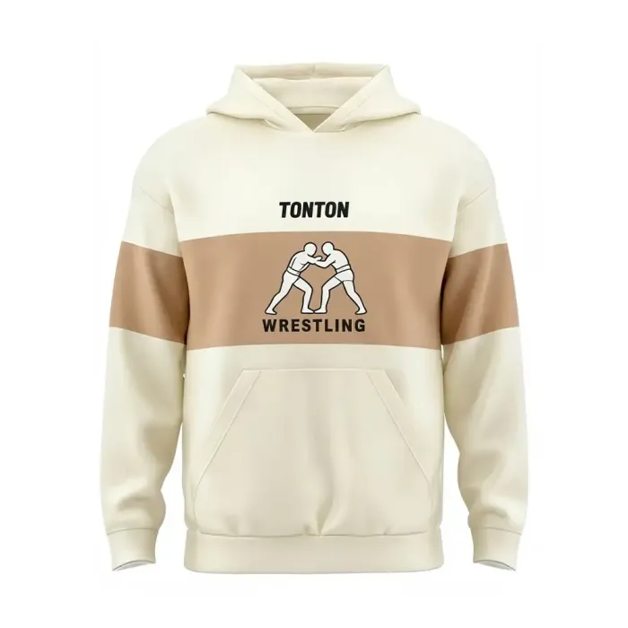 tonton cream custom wrestling team warm-ups front view with tan stripe and wrestlers graphic performance hoodie