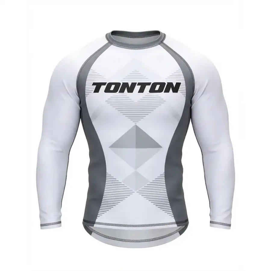 TONTON Graues Wrestling-Compression-T-Shirt mit geometrischem Dreiecksmuster – extrem eng anliegend, professionelle Kampfsport-Bekleidung