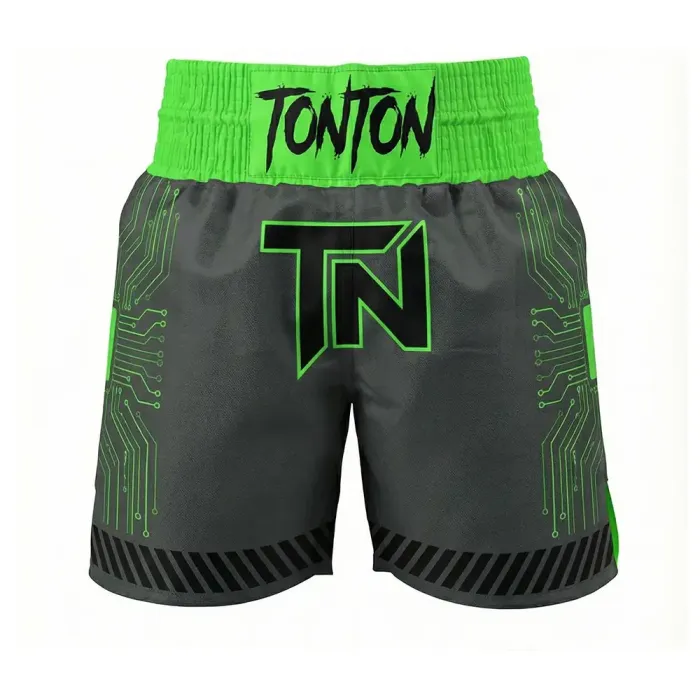 tonton dark grey custom boxing shorts front view with neon green TN text and subtle tech lines fightwear