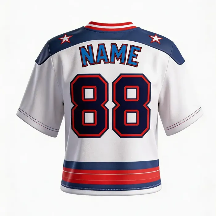 tonton white custom lacrosse game jersey back view featuring blue and red accents with personalized number 88
