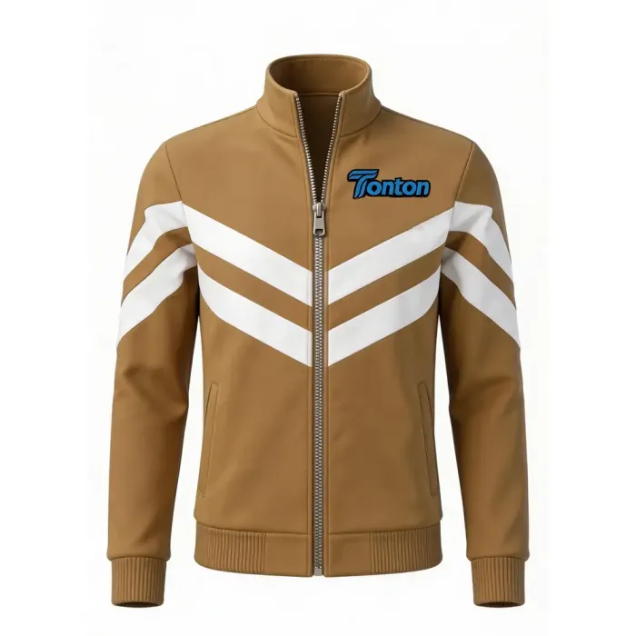 tonton tan custom lacrosse warm-ups front view with double white chevron stripes athletic gear