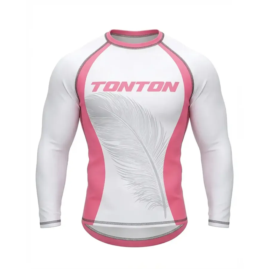 TONTON-Weiß- und Rosa-Rashguard mit Feder-Motiv für Wrestling – atmungsaktives, 4-Wege-Stretch-Matten-sicheres Singlet