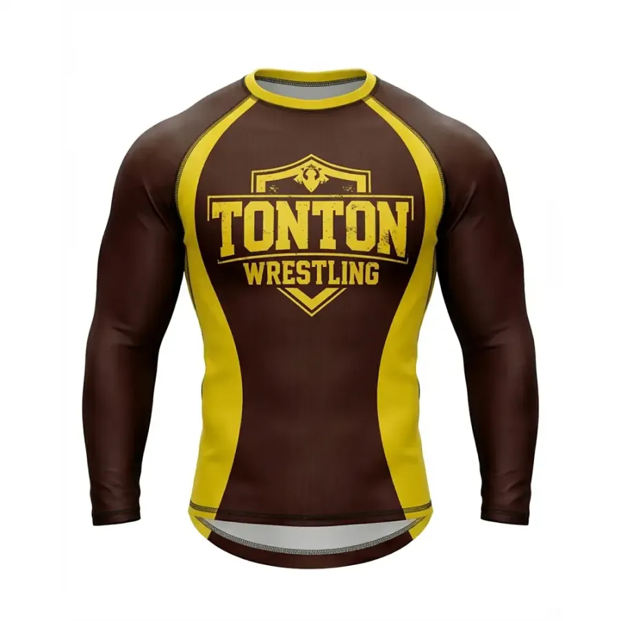 TONTON-Braun-Gelb-Schild-Wrestling-Kompressions-Shirt – Kampfausrüstung mit verstärkter 6-Faden-Naht