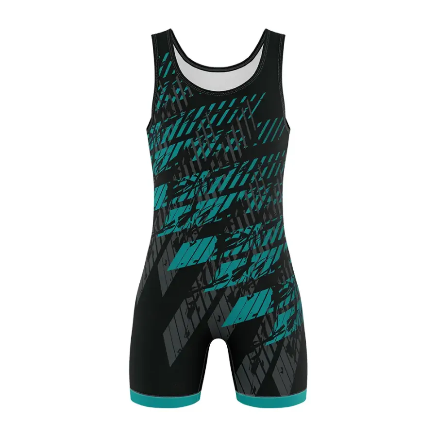 TONTON Teal Urban Abstract Wrestling-Singlet – Vollständig sublimierte High-Tension-Kompressionsbekleidung