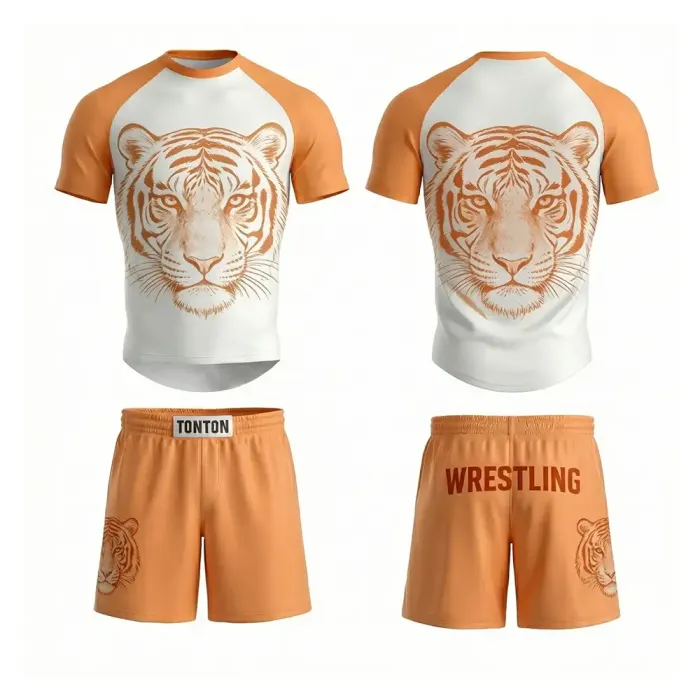 tonton orange and white custom wrestling two-piece uniform front view featuring tiger graphic team apparel