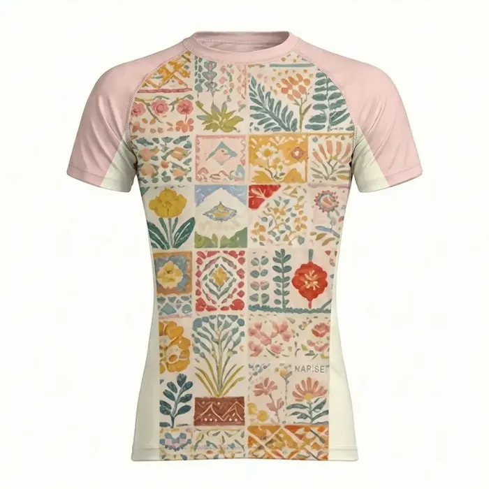 tonton pastel pink custom rash guards front view with vintage floral patchwork pattern fightwear
