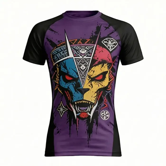 tonton purple and black custom rash guards front view featuring fierce oni demon mask graphic fightwear