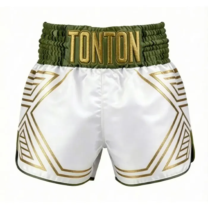 tonton white custom Muay Thai shorts front view with elegant gold geometric lines fightwear