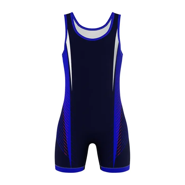 tonton navy blue custom wrestling singlet front view with royal blue side panels team wear