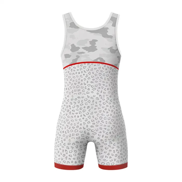 tonton white and grey cheetah print custom wrestling singlet back view competition apparel