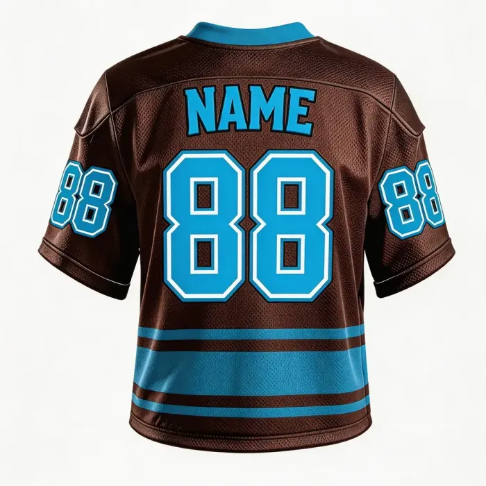 tonton brown and cyan custom lacrosse game jersey back view with personalized name and number 88 athletic wear